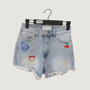 Banjara Denim Shorts Womens 0/23 Blue Embroidered Butterfly Heart Sun Frayed Hem